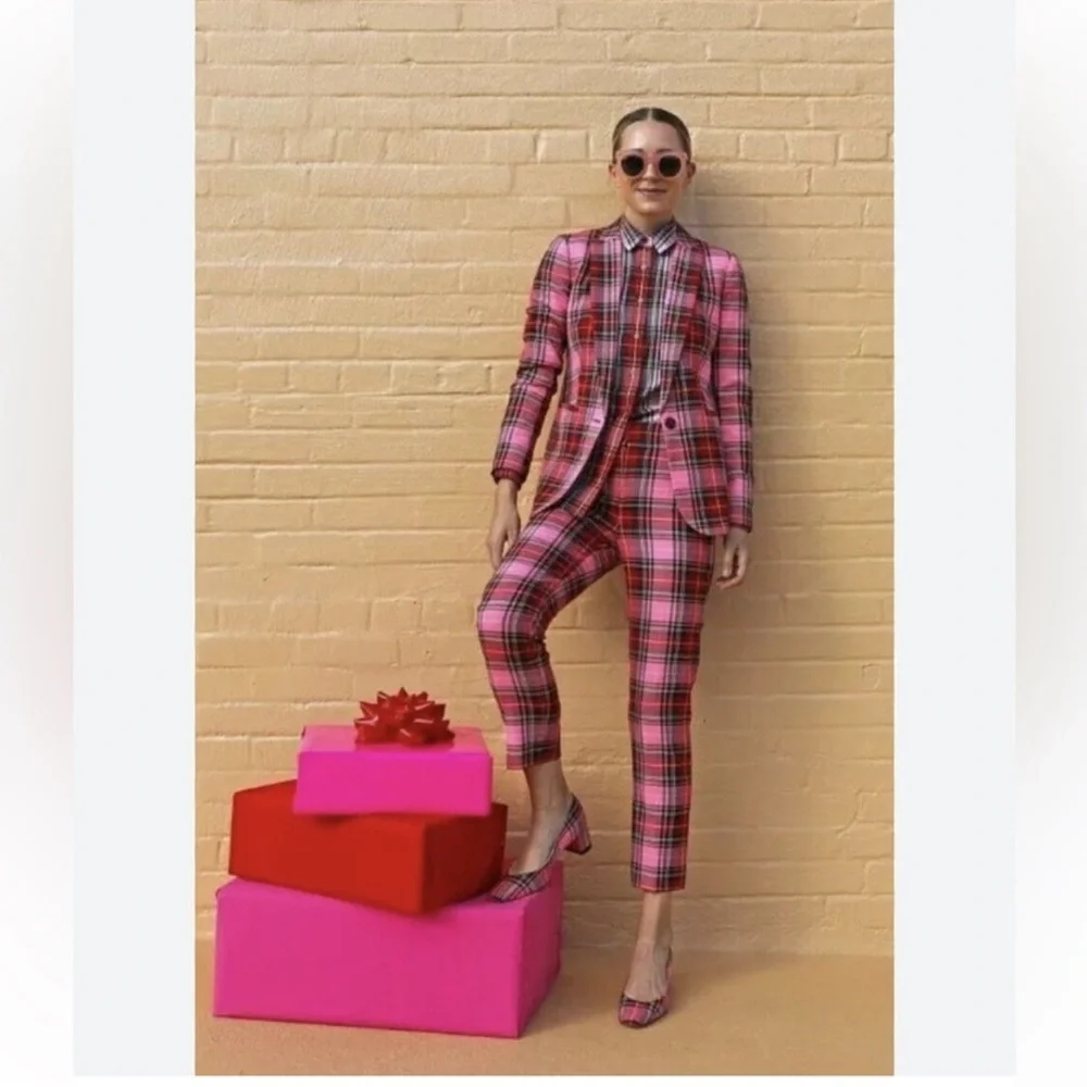 J.CREW Cameron Parke Tartan pink Plaid Pants Trousers Size 4 Tall NWT